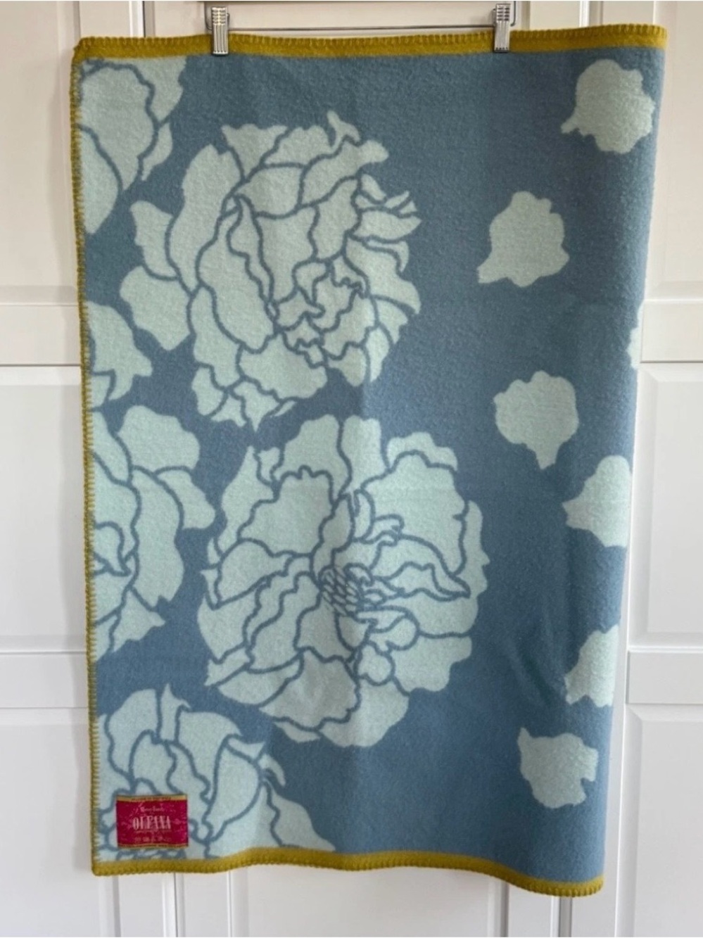 Røros Tweed OLEANA Merino Wool Throw in Dusty Blue & Cream with Mustard Edge